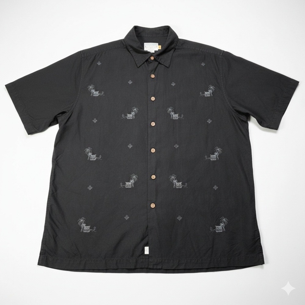 Quiksilver Edition Shirt L‎ Large Black Silk Blend Tropical Palm Tree Button Up